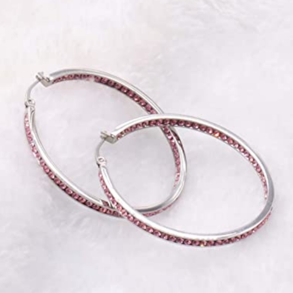 Pink Rhinestone Silver Hoop Earrings Crystal Channel Hoops Sparkling Rhinestones - Picture 5 of 14